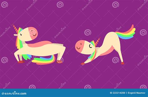 Funny Unicorn Character With Rainbow Mane And Tail Practicing Yoga