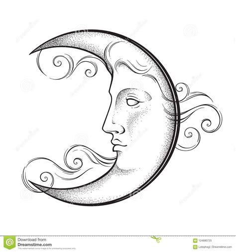 Crescent Moon With Face In Antique Style Hand Drawn Line Art And
