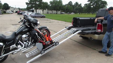 Roll the motorcycle up the ramp into the truck (probably a good idea to have an assistant or two to help balance), and then use ratchet straps to tie it down securely. CruiserRamp Motorcycle Pickup Loader in 2020 | Motorcycle ...