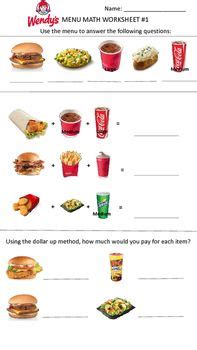 Wrap up your lesson on menu math with this worksheet, which gives students the chance to read the cost of menu items and figure the total cost for various meals. Menu Math | Menu, Math, Money worksheets
