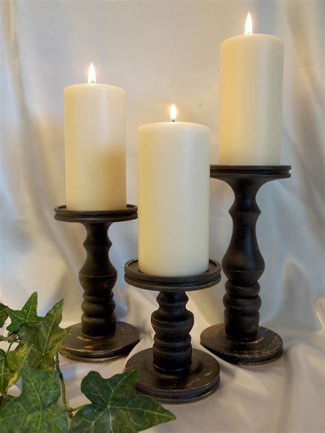 Farmhouse Handmade Wooden Black Pillar Candle Holder Set Of 3 Etsy