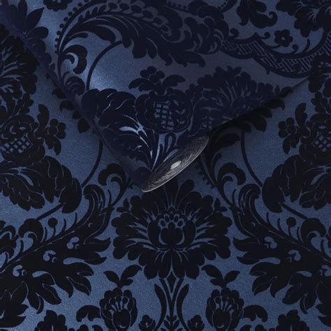 Gothic Damask Flock Wallpaper In Cobalt From The Exclusives Collection