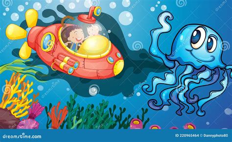 Underwater Scene With Happy Kids In Submarine Exploring Undersea Stock