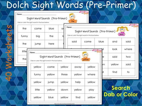 Sight Words Worksheets Dolch Pre Primer 40 Sight Word Search Printable