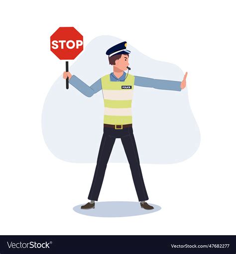 A Traffic Police Holding Stop Sign Gesturing Vector Image