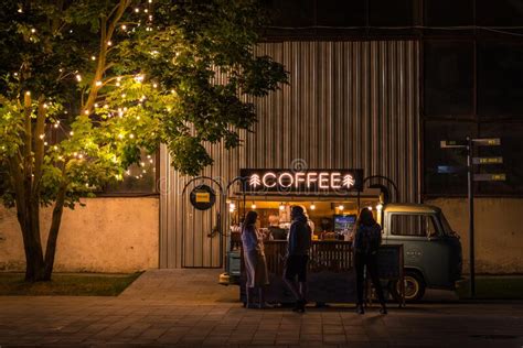 Street Coffee Shop Equipped In A Retro Van In Sevkabel Port At Night