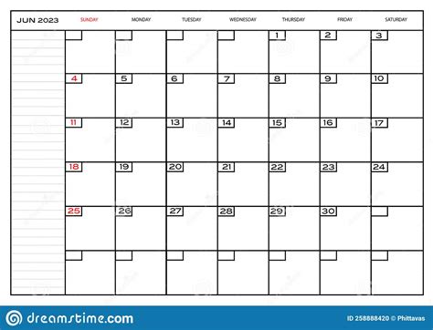 Planner De Calendario Mensual Junio De 2023 Stock De Ilustración