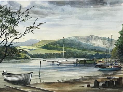 Original Art Watercolour Painting Lake District Derwentwater Boats From