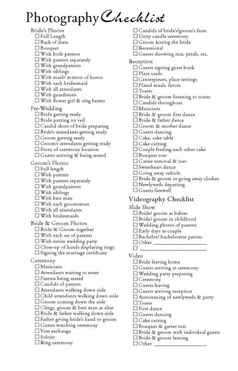 Wedding Photography Checklist Printable