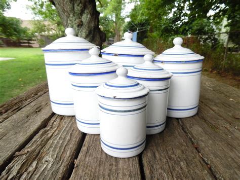 Austrian Enamel Canister Set Of 6 White Blue Enamel Kitchen Counter