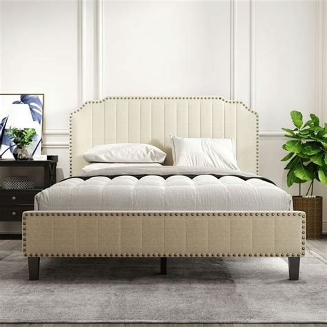 Queen Size Linen Curved Upholstered Platform Bed Solid Wood Frame