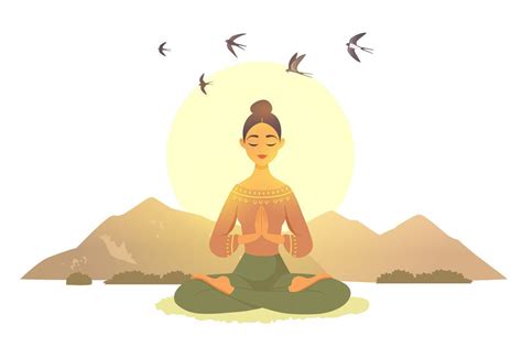 A Woman Is Sitting In The Middle Of A Yoga Pose With Birds Flying