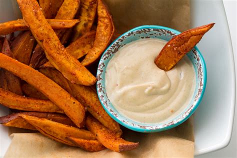 We usually like to have them with ketchup, hot sauce, or sriracha. Baked Spiced Sweet Potato Fries with Cinnamon Cashew Cream Dip - HealthyHappyLife.com