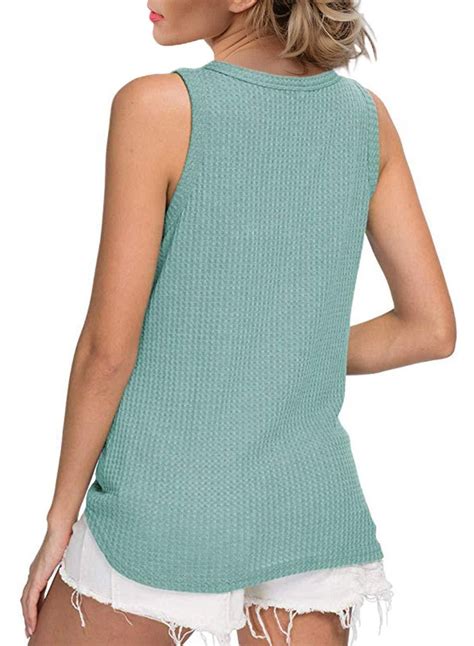 Sleeveless V Neck Waffle Knit Button Down Ladies Fashion Casual Solid