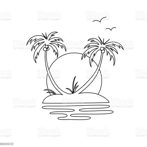 Hand Line Drawing Of An Oasis Island With Two Palm Trees Sunset And