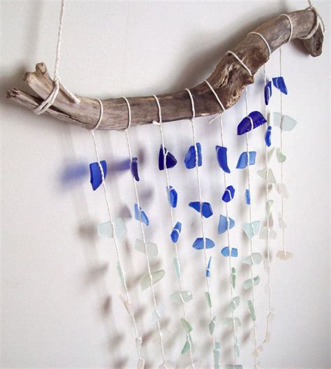 Driftwood Mobile Glass Wind Chimes Sun Catcher Sea Glass Blue And White Genuine Rustic