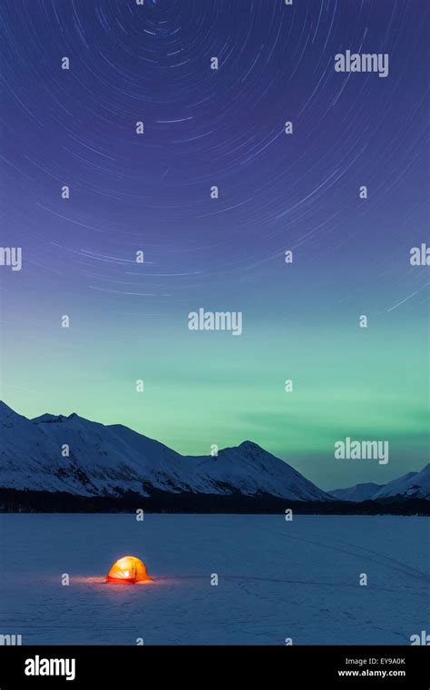 Weathertentalaskaaurora Borealisstar Trail Stock Photo Alamy