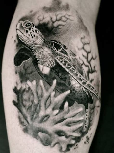 Black And Grey Sea Turtle Tattoo On Calf Turtle Tattoo Designs