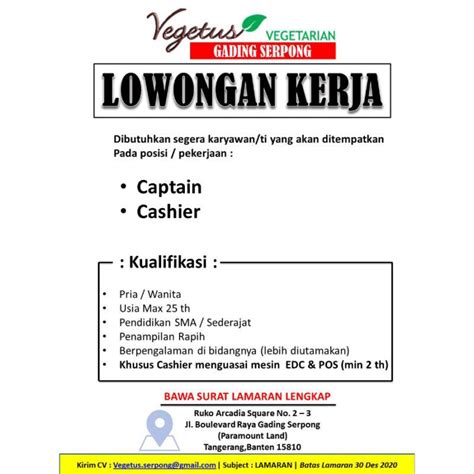 Handle cashiering, cash, product exchange, returns and discounts. Lowongan Kerja Captain Floor - Cashier di Vegetus ...