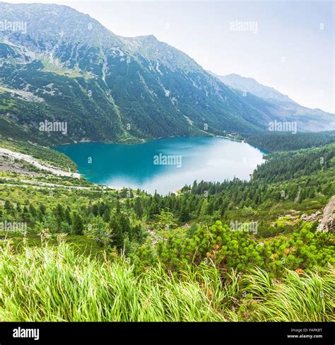 Panoramic View Of Morskie Oko Lake Tatra Mountains Poland Stock Photo