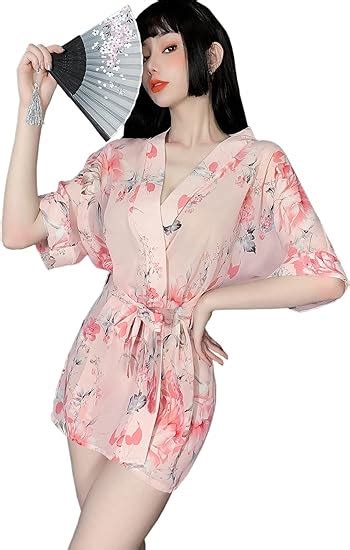 Womens Japanese Kimono Costumes Lingerie Sexy Floral Robe Deep V Nightgown Chiffon