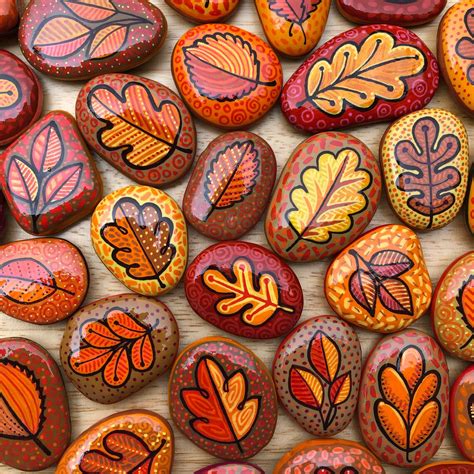 Fall Leaves Painted Art Stones Sets Of 5 Autumn Leaf Painted Etsy