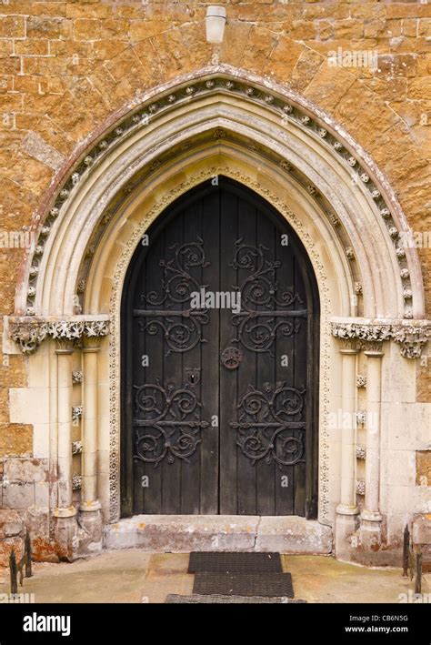 Ornate Pointed Gothic Arch Church Door With Fleuron Decorated Hinges St
