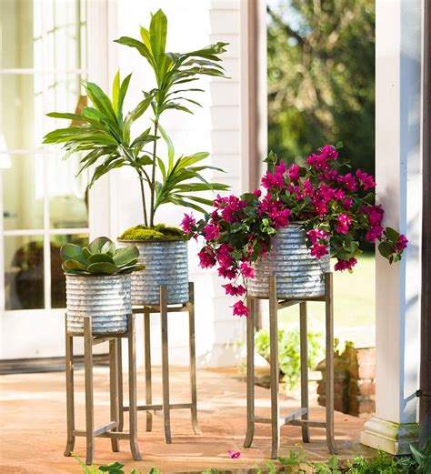 Galvanized Metal Bucket Planters On Wood Stands Set Of 3 Plowhearth
