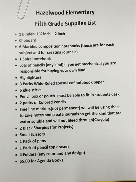 K 5th Grade School Supply Lists Hazelwood Elementary School