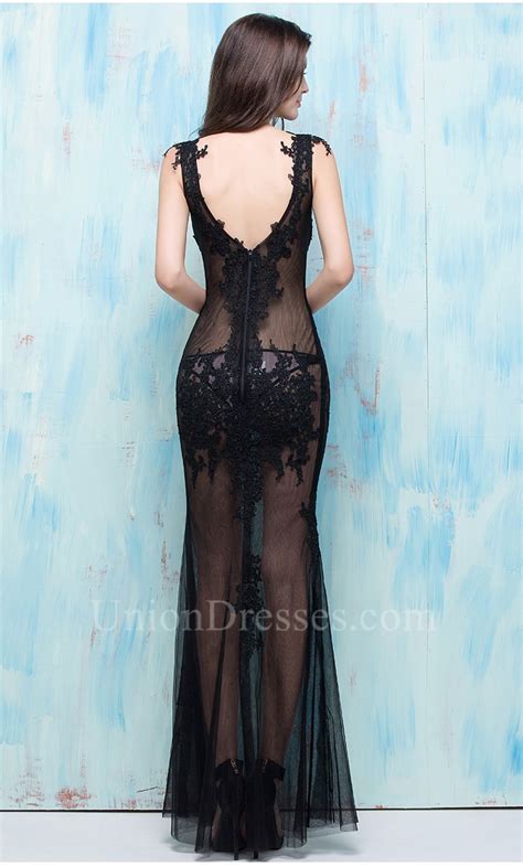 Sexy Mermaid V Neck Open Back See Through Black Tulle Lace Evening Prom Dress