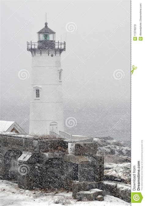 New England Lighthouse In Snow Sotrm Stock Photo Image Of Attraction
