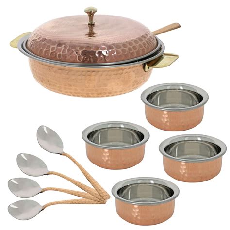 Indian Ts Serveware Donga Copper Serving Bowl Tureen With Spoon Hammered Shalinindia