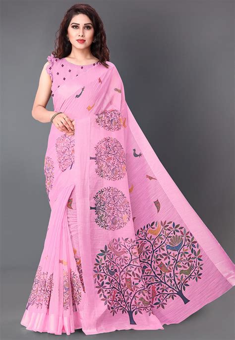 Printed Cotton Saree In Pink Sjra1656