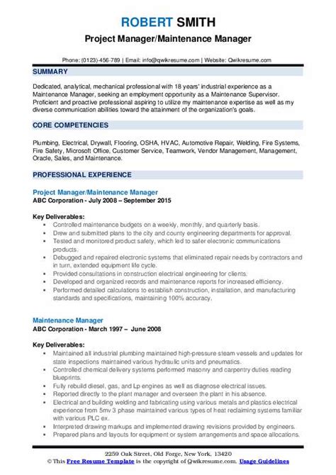 Maintenance worker job description sample resume special ideas. Maintenance Manager Resume Samples | QwikResume