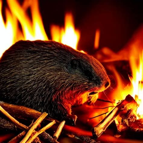 Beaver Being Spit Roasted Over A Campfire At Night Stable Diffusion