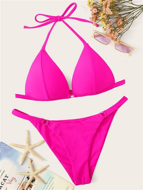 Neon Pink Triangle Top With Ring Loop Bikini Set Shein Usa Sexiezpix