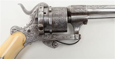 Ornate Engraved And Cased Double Action Pinfire Revolver With Ivory