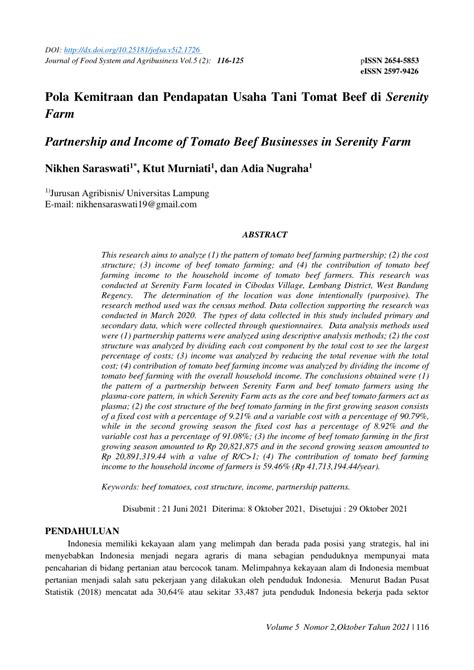 Pdf Pola Kemitraan Dan Pendapatan Usahatani Tomat Beef Di Serenity Farm