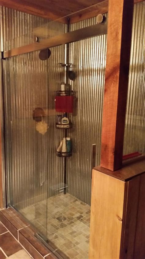 Master Bath Shower Using Galvanized Tin Inside With Sliding Glass Barn
