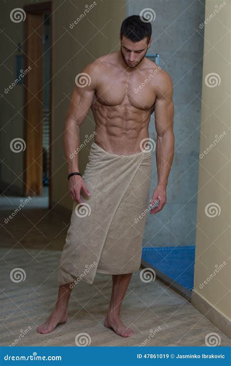 beautiful muscular man with the towel stock image image of shower body 47861019