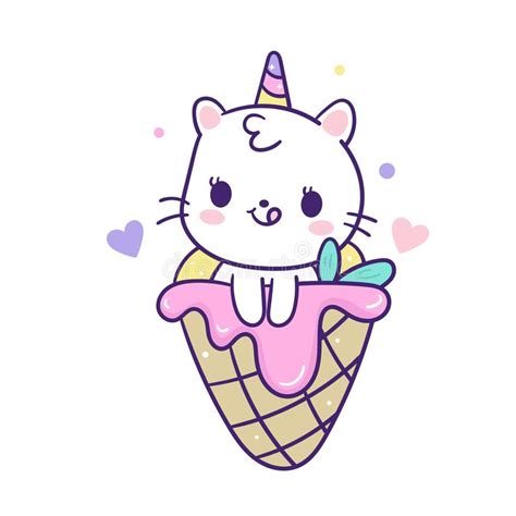 Cute Unicorn Cat Mermaid Vector With Sweet Ice Cream Cone Kawaii Animal