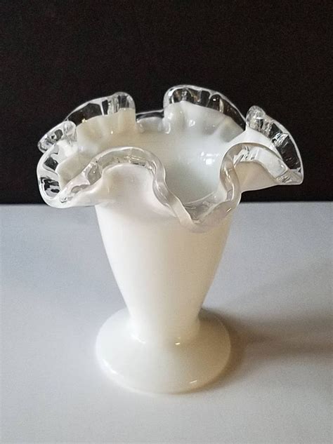 Vintage Fenton Silver Crest Design Milk Glass Vase Ruffled Edge Clear Ruffled Edge Fenton Vase