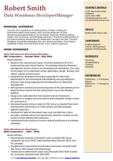 Data Warehouse Developer Resume Samples Qwikresume