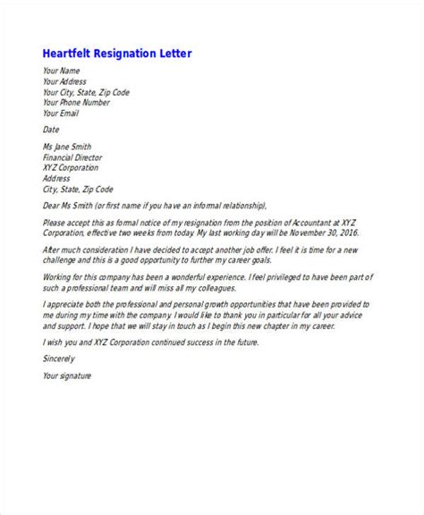 Professional Heartfelt Resignation Letter