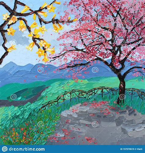 Sakura Blossom Oil Painting Landscape Tree Japan Stock Illustration