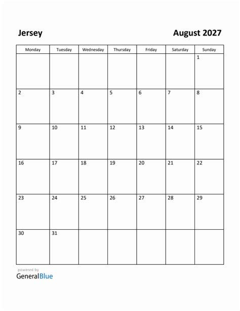 Free Printable August 2027 Calendar For Jersey