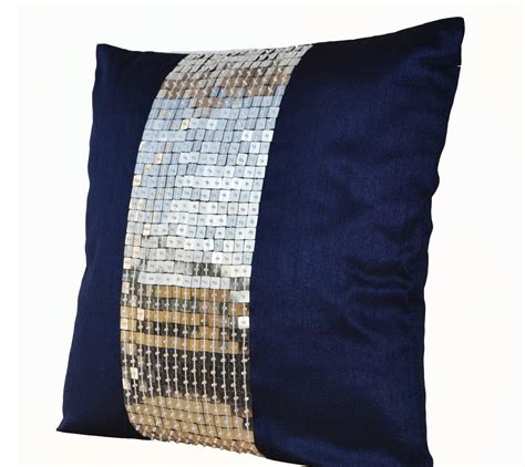Metallic Throw Pillows Navy Blue Silver Color Block Sequin