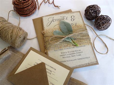 Rustic Wedding Invitation Set Boho Fabric Sage Burlap Invitation Set