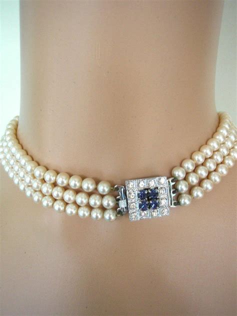 Vintage Pearl Choker Bridal Pearls Montana Rhinestone 3 Strand