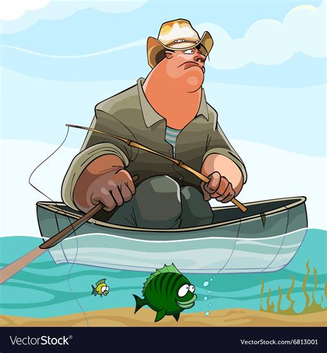 Cartoon Fisherman Is Fishing From A Boat Vector Image